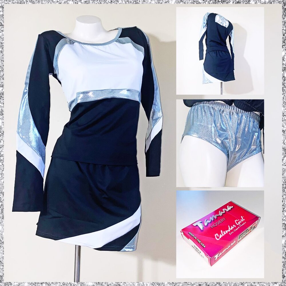 CHEERLEADER 2XL SILVER / BLACK UNIFORM - TOP SKIRT DANCE BRIEF & TAN TIGHTS